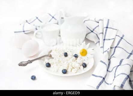 Avec les produits laitiers et les œufs de bleuets au moment du petit-déjeuner Banque D'Images