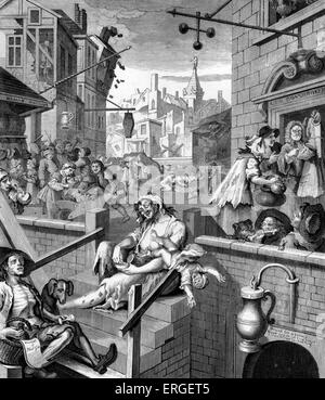 Gin Lane - caricature de William Hogarth, vers 1750. WH : Peintre et artiste anglais, 10 novembre 1697 -octobre 1764. Banque D'Images