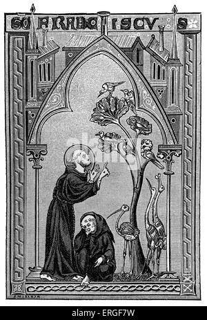 Saint François d'assise parlant aux oiseaux - psautier de miniature, 13e siècle. FA : Giovanni Francesco di Bernardone, Banque D'Images