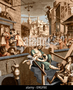 Gin Lane - caricature de William Hogarth, vers 1750. WH : Peintre et artiste anglais, 10 novembre 1697 -octobre 1764. Banque D'Images