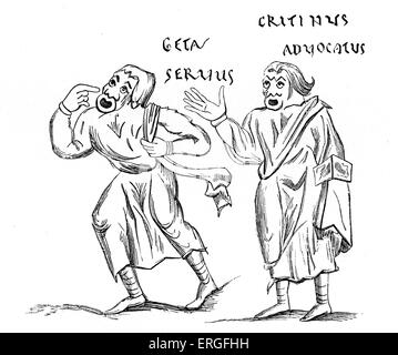 L'esclave et l'avocat- represenative caractères du théâtre antique, de comédies de Terence. Manuscrit du 10ème siècle. Banque D'Images