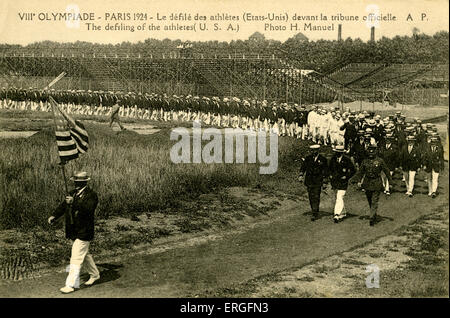 Défilé des Jeux Olympiques 1928 Paris France. 8ème Olympiade. Les athlètes américains marchant passé. Photo par H Manuel. Jeux Olympiques Banque D'Images