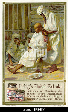 Scènes algériennes : chez le coiffeur . Illustration de 1910. Extrait de viande Liebig Cartes à collectionner. Banque D'Images