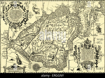 Les côtes de l'Amérique du Sud - carte de Linschoten's 'Navigatio ac Itinerarium, etc.", 1599. Jan Huyghen van Linschoten, Banque D'Images