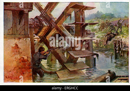 La Seconde Guerre mondiale 1 : Vincent de Pateder n° 84 Infantry Regiment au tir ennemi, caché derrière une roue de moulin à eau. German Red Banque D'Images