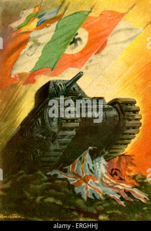 World War 2 : Tank alliés concassage ' des drapeaux. D'un drapeau portant des drapeaux de l'Italie, l'Allemagne sous le Troisième Reich et le Japon. L'Italien Banque D'Images