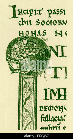 Description de la gourmandise. Illustration man eating à partir d'un bol. À partir de la douzième siècle manuscrit. Banque D'Images