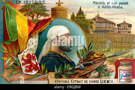 Menelik II- l'illustration, 1906. En photo avec son palais à Addis-Abeba en Éthiopie. À partir de cartes à collectionner Liebig (série française titre : 'En Abyssinie'/'En Abyssinie'). N : Negus du Choa (Kng) (1866-89) et Nəgusä Nägäst (Empereur) de l'Éthiopie de 1889 à sa mort, le 17 août 1844 - 12 décembre 1913. Banque D'Images