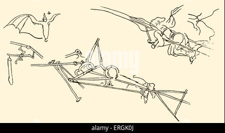 - Dessin de machines volantes de Léonard de Vinci (titre français : L'Homme volant/ homme volant). Polymathe italien : LDV (Peintre, architecte, musicien, scientifique, mathématicien) 15 avril 1452 - Mai 1519 Banque D'Images