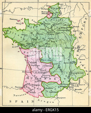 Carte de France au Traité de Brétigny, le 9 mai 1360. Traité entre le roi Édouard III d'Angleterre et le roi Jean II (la bonne) de Banque D'Images