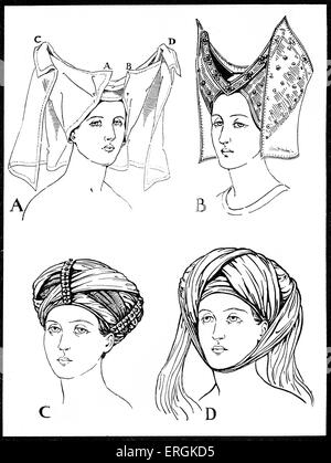 Chef-robes portées au début du 15ème siècle. Fig A. illustre le style soutenu par la poétesse Christine de Pisan (1364-1430). Banque D'Images