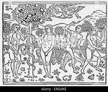 Tentation d'Eve dans le jardin d'Éden par le serpent. Sur la droite, Adam et Eve sont chassés du jardin d'Eden. À partir de Banque D'Images