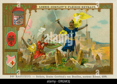 Baudouin de Boulogne, frère de Godefroy de Bouillon, la saisie d'Edesse en 1098 dans le cadre de la Première Croisade (1096-1099). (Allemand : 1er Kreuzzug- Balduin, Bruder Gottfried von Bouillon, erstürmt d'Edesse, 1098.). Baldwin I de Jérusalem, Baldwin je d'Edesse, Baudouin de Boulogne (1058- 1118) - L'un des chefs de la première croisade qui devint le premier comte d'Edesse, puis roi de Jérusalem. Carte Liebig, les Croisades,1897. Banque D'Images