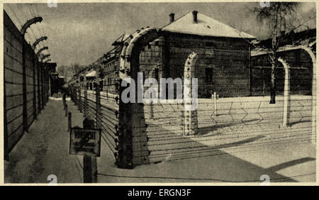 Camp de concentration d'Auschwitz - une vue sur le 11ème baraquement avec du fil de fer barbelé. Source : Musée de Koszalin, Pologne. - Photos prises par Banque D'Images