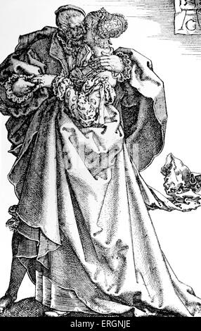 Couple dansant, 1538 Gravure de peintre allemand Heinrich Aldegrever ou Aldegraf, à partir de l'ensemble de grand mariage danseurs.(une partie du groupe de graveurs allemande appelée Little Masters (Kleinmeister). 1502-1558) Banque D'Images
