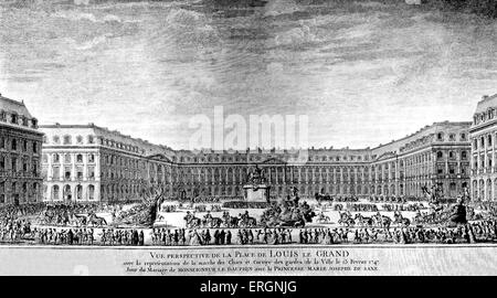 Vue perspective de la place de Louis le Grand avec la représentation de la marche des chars et cortège des gardes de la ville le 13 février 1747 - Vue perspective de la Place de Louis le Grand (aujourd'hui Place Vendôme) à Paris montrant le défilé des chars et des gardes de la ville le 13 février 1747 pour célébrer le mariage de Louis, dauphin de France de Josépha de Saxe. Gravure par Antoine Benoist, artiste français et personnel peintre du Roi Louis XIV. 1632-1717 Banque D'Images