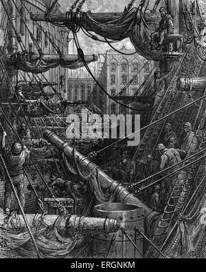 À l'intérieur des docks. Gravure de Gustave Doré, de 'London, un pèlerinage, par Gustave Doré et Blanchard Jerrold', 1872. Banque D'Images