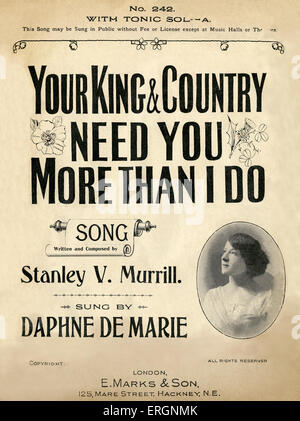 Votre roi et votre pays ont besoin de vous plus que moi, chanson écrite et composée par Stanley V Murrill, chantée par Marie de Daphné. Score Banque D'Images