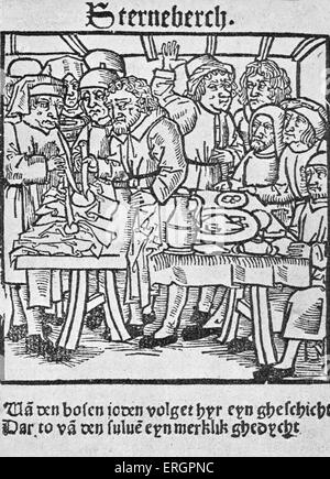 Juifs de Sternberg représenté comme transperçant les hôtes. Xylographie antisémites de 1492 Lubeck.( souillant l'hôte ou wafer sacré de la messe. Au Moyen Âge les Juifs étaient souvent accusés d'avoir profané l'hôte, une accusation de l'égalité dans l'action de la gravité que de profaner des reliques et des images de Jésus et des saints. Cette accusation a fait des milliers de Juifs au pieu. Les Juifs sont accusés de voler l'hôte ou de l'acquérir par achat ou la corruption, à la briser ou consultez-la, et à coller des aiguilles dans elle ou transpercer il, après quoi il a commencé à saigner.) libelles anti-juive Banque D'Images