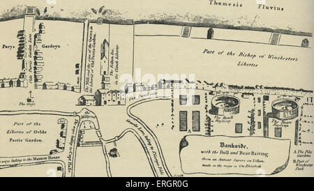 Plan de Bankside à Southwark, Londres, à l'époque de William Shakespeare. Le Shakespeare Globe Theatre est à Maiden Lane, Banque D'Images