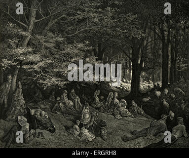 Sous les arbres, Regent's Park, Londres. Gravure de Gustave Doré. Hommes, femmes et enfants assis sous les arbres avec Flock Banque D'Images