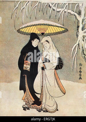 Deux amoureux dans la neige sous parapluie (Crow et Heron), c 1770. . Impression couleur sur bois, par Suzuki Harunobu (Japonais Banque D'Images