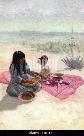 Native American femme de la tribu Pima, Arizona, tissant un panier à partir de la fibre du yucca. Par son côté : Native American boy. Pueblo indien. Les Indiens d'Amérique. Artiste inconnu Banque D'Images