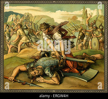 David et Goliath - David bat les Philistins en tuant le géant Goliath. À partir de récits de l'Ancien Testament, publié par la Société pour la promotion de la connaissance chrétienne, Londres 1880. Banque D'Images