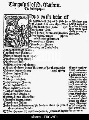 'L'Evangile de Saint Matthieu" dans le Nouveau Testament, traduit par William Tyndale en 1525. La première page du premier chapitre. Banque D'Images