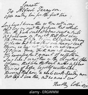 Sonnet de Hartley Coleridge d'Alfred Tennyson. Manuscrit signé. HC : écrivain anglais,19 Septembre 1796 - 6 Banque D'Images