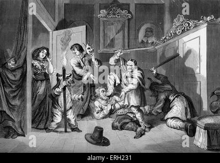 Hudibras catechised', gravure par William Hogarth. Sir Hudibras, chevalier-errant, est battu et catechised masqué par un gang à l'instruction de la veuve et de l'astrologue. 'Hudibras', un satircal poème narratif par Samuel Butler. SB : poète et satiriste anglais, b 1612/13 - 1680. WH : anglais, artiste peintre et graveur, b 10 Novembre, 1697 - Le 26 octobre 1764. Banque D'Images