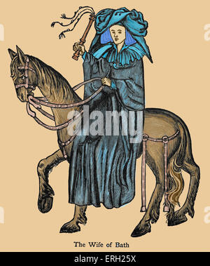 La femme de Bath - Caractère de Geoffrey Chaucer, les Contes de Canterbury, pèlerins Pèlerins. L'écrivain anglais 1342-1400. Colorisées Banque D'Images
