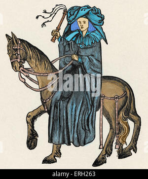 La femme de Bath - Caractère de Geoffrey Chaucer, les Contes de Canterbury. L'écrivain anglais 1342-1400. Version colorisée. Banque D'Images