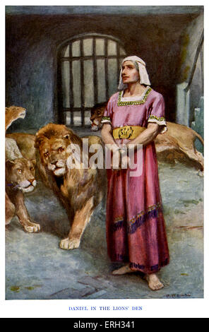 Daniel et les Lions - sous-titre suivant, 'Daniel dans le lion 's den." Daniel 6:22, "Mon Dieu a envoyé son ange et fermé la gueule des lions, qu'ils n'ont pas me blesser." (de l'Ancien Testament écrit). c. Années 1920. Illustrations par Arthur A. Dixon. AD : l'artiste anglais : 1892 - 1927. Banque D'Images