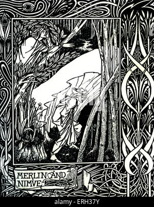 Merlin et Nimue. Nimue jette un sort sur Merlin, confinant à une grotte pour toujours. Le morte d'Arthur - roman de Thomas Malory : Banque D'Images