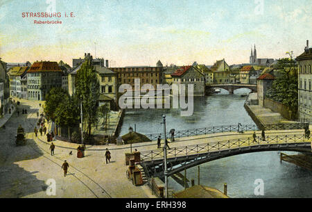 Le pont du Corbeau, à Strasbourg, carte postale montrant la circulation sur le pont du Corbeau à Strasbourg, 1908. / Rabenbrucke. Banque D'Images