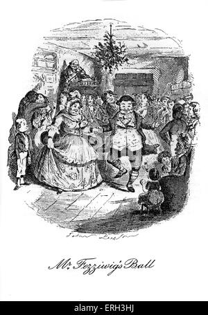 Un Chant de Noël (1843) de Charles Dickens, 7 février 1812 - 9 juin 1870. M. Fezziwig's Ball : Mr et Mme Fezziwig danse comme le violoneux joue Sir Roger de Coverley. Illustration par John Leech, 1817 - 1864. Banque D'Images