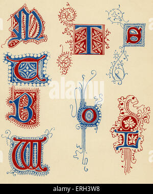 Lettres lumineuses. Bleu et rouge. Quatorzième et quinzième siècle. (Source 1886). Banque D'Images