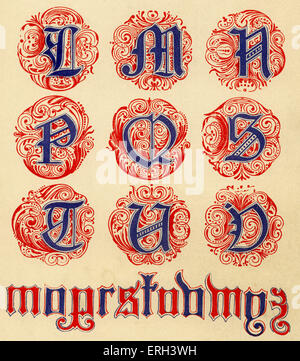 Lumineux bleu et rouge alphabet. Xive siècle. (Source 1886). Banque D'Images