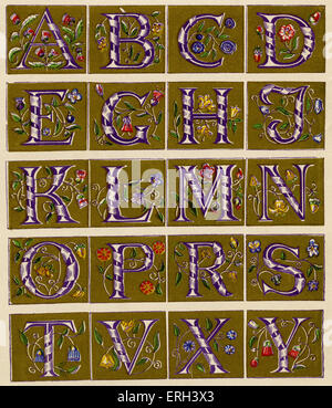 Seizième siècle alphabet lumineux. L'ornementation de fleurs et ruban mauve, sur l'or. (Source 1886). Banque D'Images