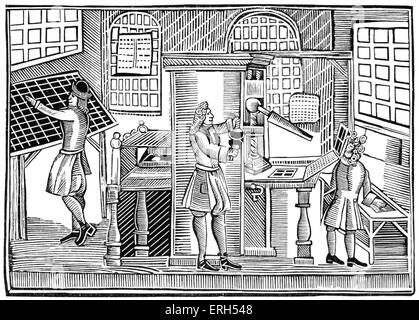 Printing Office, c 1710. Des méthodes d'impression gravure montre au début. Banque D'Images