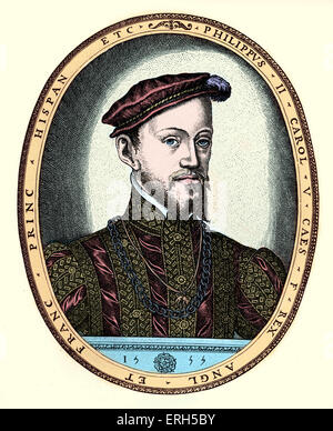 Philippe II d'Espagne - portrait. Gravure de F. Hogenburg, 1555. 21 mai 1527 - 13 septembre 1598. Felipe II. Colorisées Banque D'Images