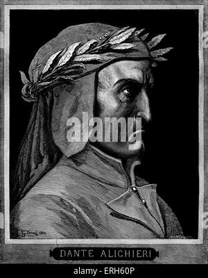 Dante Alighieri, portrait de profil avec couronne de laurier. Légende avec nom. Poète italien, 1265-1321. Banque D'Images