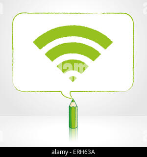 Crayon vert avec dessin réflexion icône WiFi numérique dans le cadre de la ronde rectangulaire à coins Bulle sur fond pâle Banque D'Images