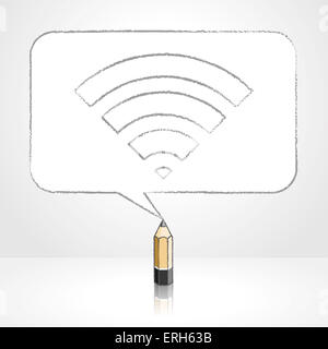 Crayon en bois avec dessin réflexion icône WiFi numérique dans le cadre de la ronde rectangulaire à coins Bulle sur fond pâle Banque D'Images