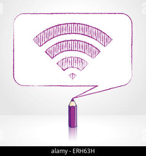 Crayon violet avec dessin réflexion icône WiFi numérique dans le cadre de la ronde rectangulaire à coins Bulle sur fond pâle Banque D'Images