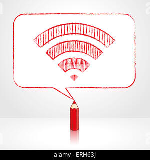 Crayon rouge avec dessin réflexion icône WiFi numérique dans le cadre de la ronde rectangulaire à coins Bulle sur fond pâle Banque D'Images