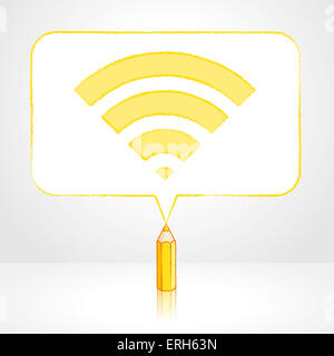 Crayon de couleur jaune avec dessin de réflexion dans l'icône WiFi numérique rectangulaire à coins ronds Bulle sur fond pâle Banque D'Images