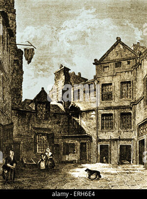 David Hume - Riddle's Close, Edimbourg, où le philosophe écossais, économiste et historien a vécu pendant un certain temps. 26 avril 1711 - 25 août 1776. Gravure ' Édimbourg en l'ancien temps ' (1848) par Daniel Wilson Banque D'Images