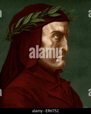 Dante Alighieri, portrait de profil avec couronne de laurier. Poète italien, 1265-1321. Banque D'Images